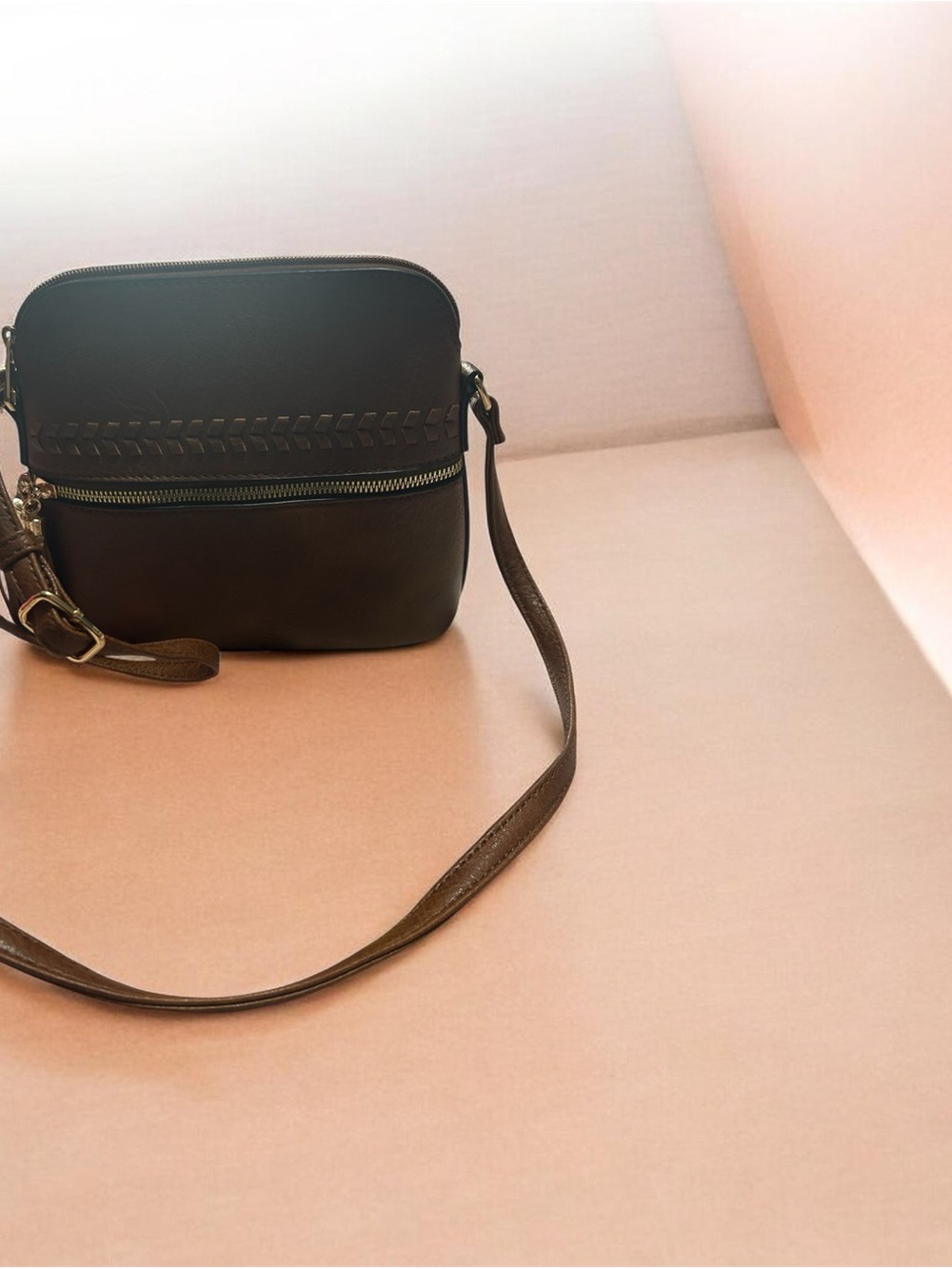 Compact Brown Leather Crossbody Bag with Front Zip Detail
